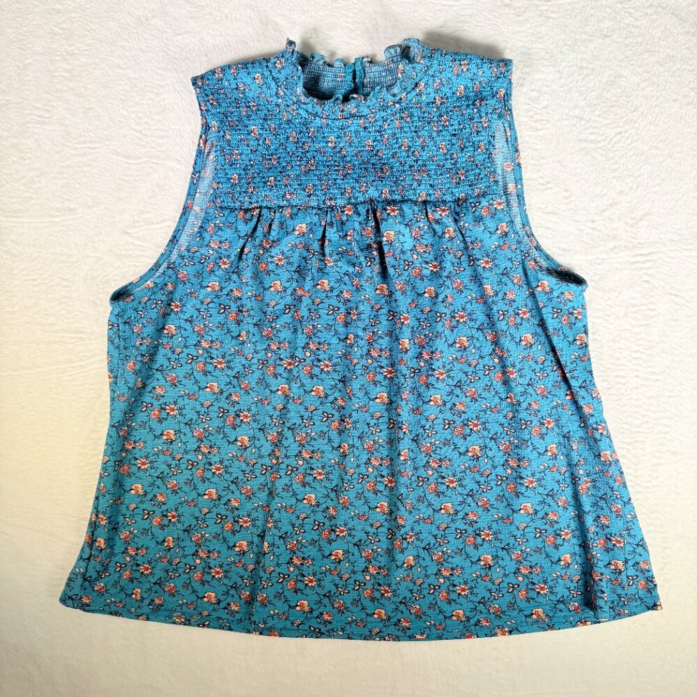 Melloday Top Women L Floral Whimsy Shirred Swing Smock‎ Boho Blouse Sleeveless